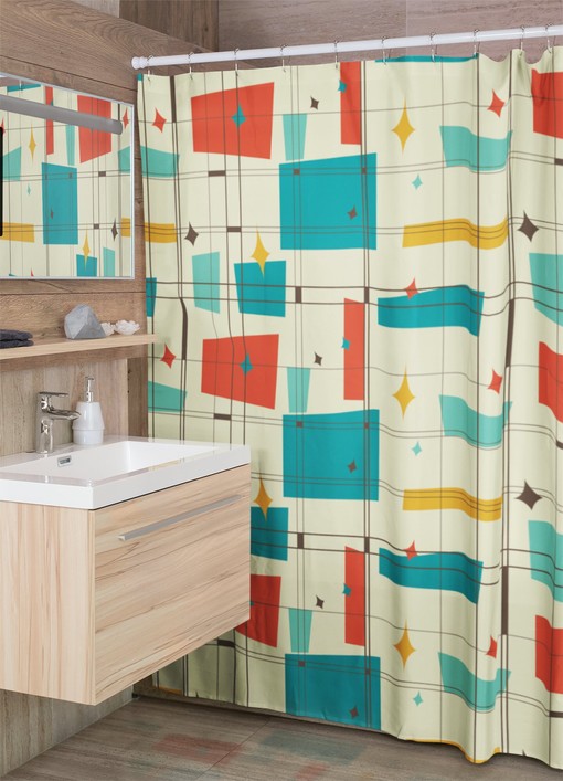 Mid Century Modern Geometric Shower Curtain, Vintage Bathroom Accessory, Unique Tub Decoration