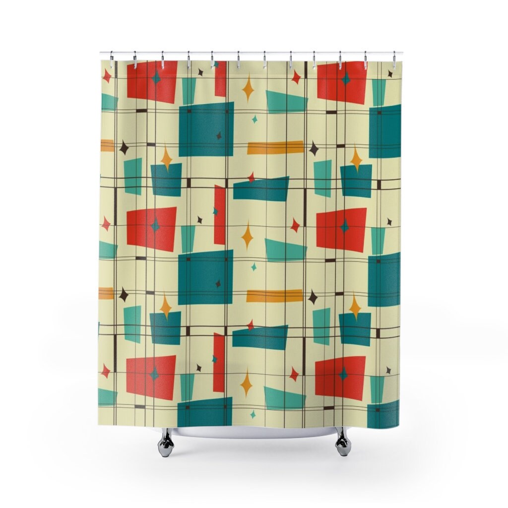Mid Century Modern Geometric Shower Curtain, Vintage Bathroom Accessory, Unique Tub Decoration - Image 2