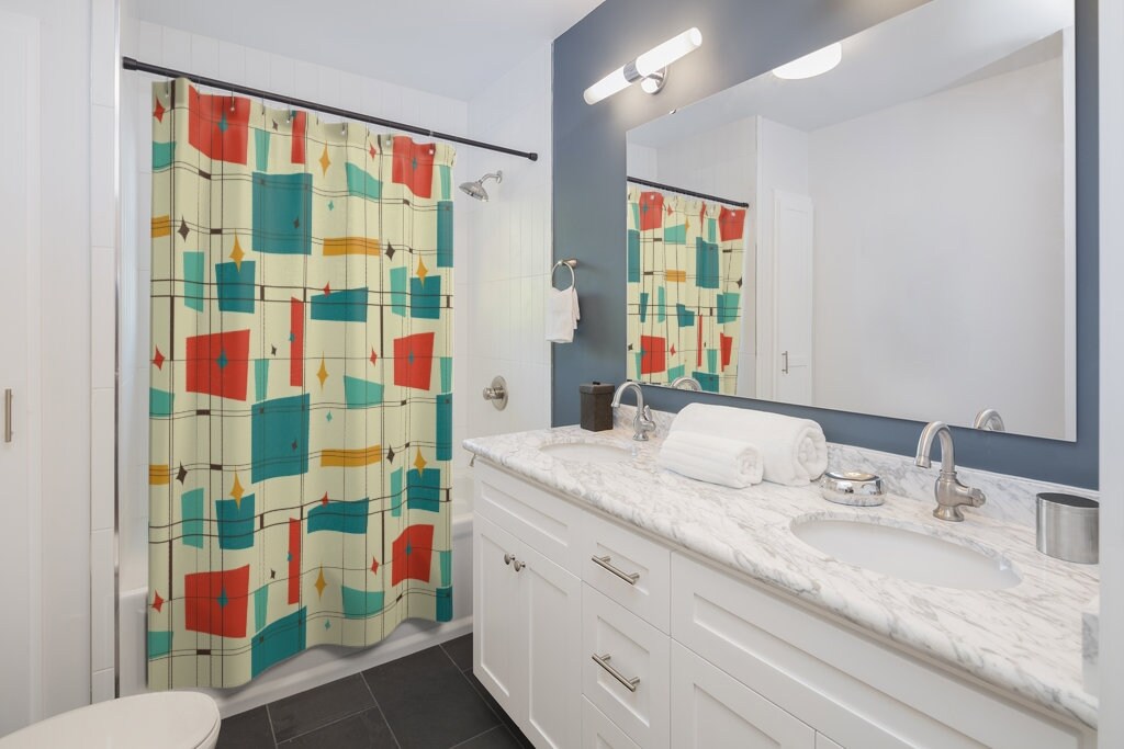 Mid Century Modern Geometric Shower Curtain, Vintage Bathroom Accessory, Unique Tub Decoration - Image 3