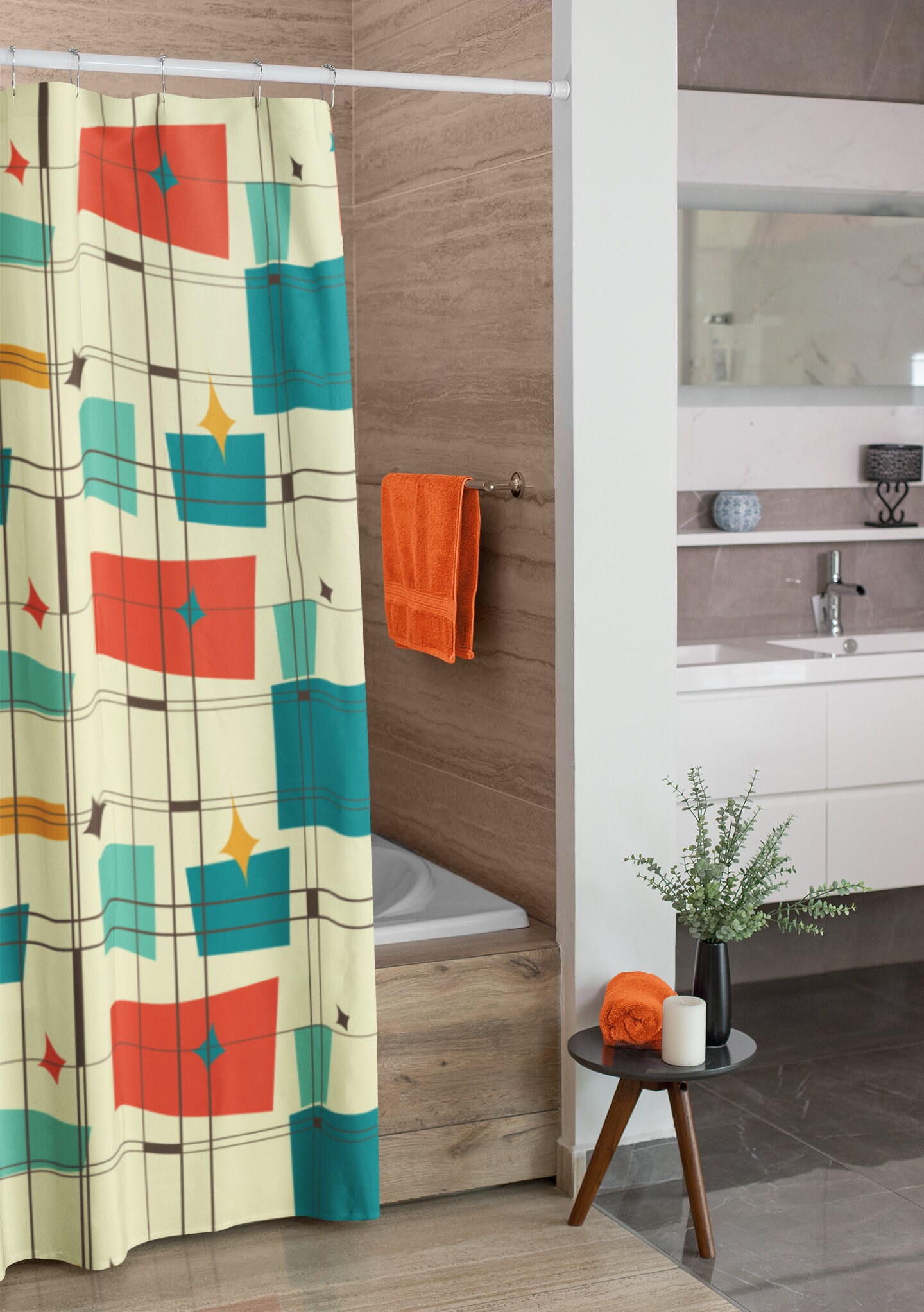 Mid Century Modern Geometric Shower Curtain, Vintage Bathroom Accessory, Unique Tub Decoration - Image 4
