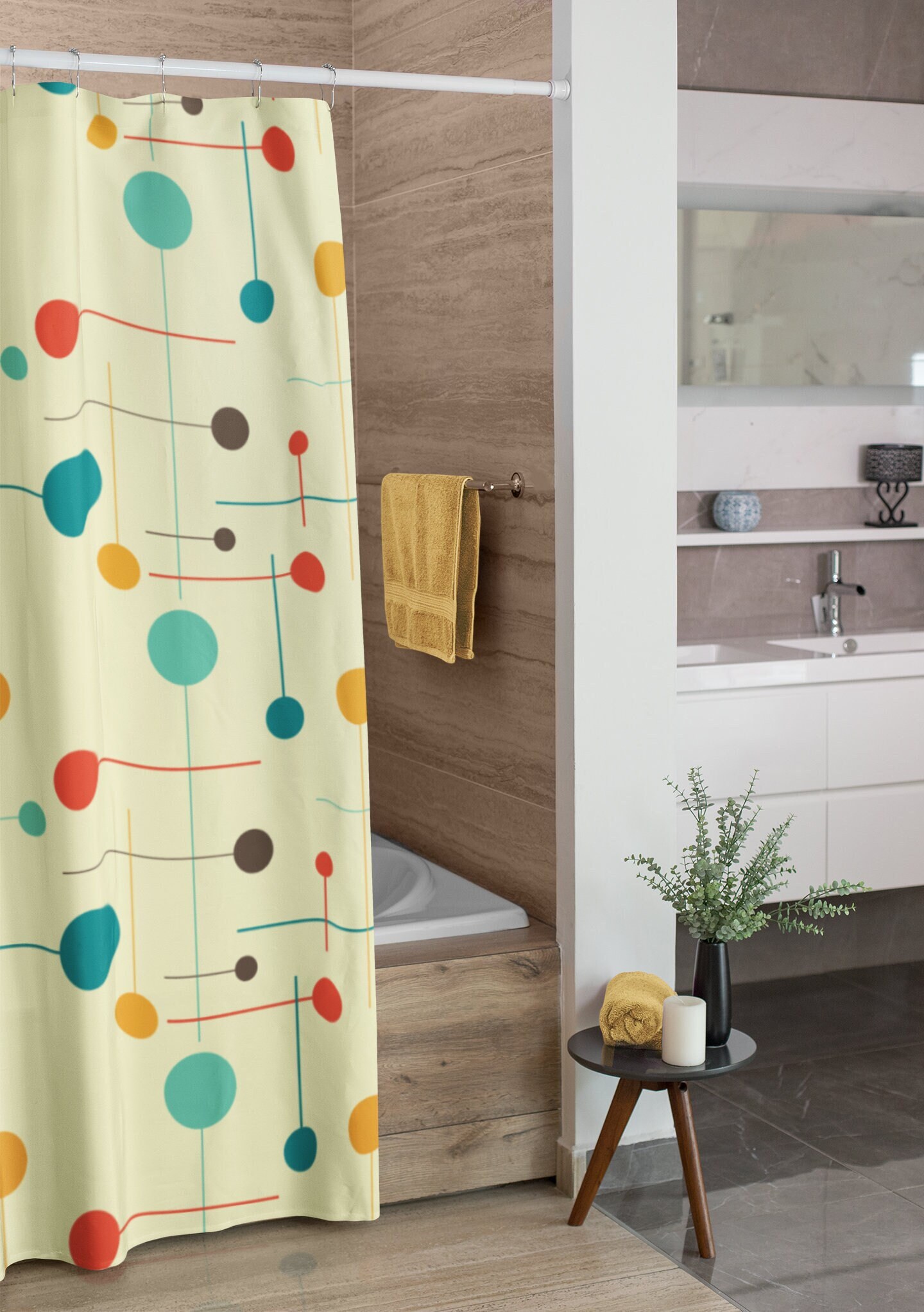 Mid Century Modern Geometric Shower Curtain, Vintage Bathroom Decor, Unique Tub Accessory - Image 2