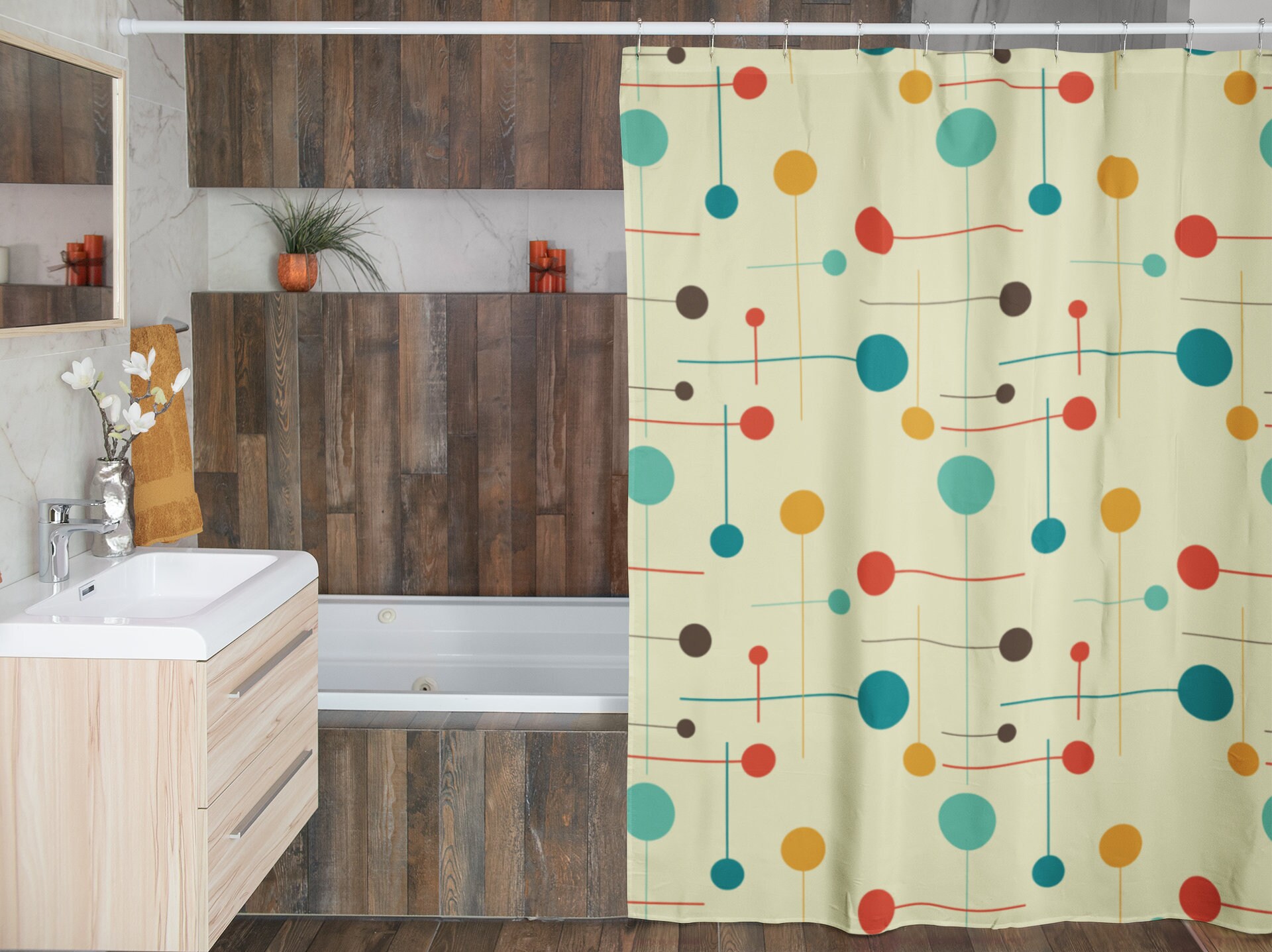 Mid Century Modern Geometric Shower Curtain, Vintage Bathroom Decor, Unique Tub Accessory - Image 4