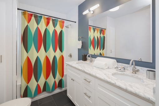 Mid Century Modern Geometric Shower Curtain with Vintage Bathroom Decor - Image 2