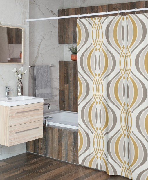 Mid Century Modern Gold and Gray Abstract Shower Curtain - Minimalist Bathroom Decor