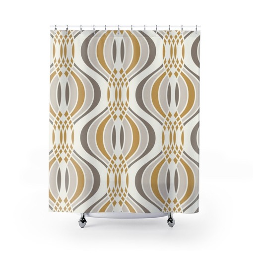 Mid Century Modern Gold and Gray Abstract Shower Curtain - Minimalist Bathroom Decor - Image 2