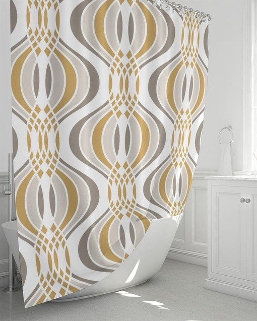 Mid Century Modern Gold and Gray Abstract Shower Curtain - Minimalist Bathroom Decor - Image 3