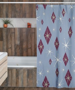 Mid Century Modern Inspired Blue Shower Curtain, Vintage Bathroom Decor, Unique Tub Accessory