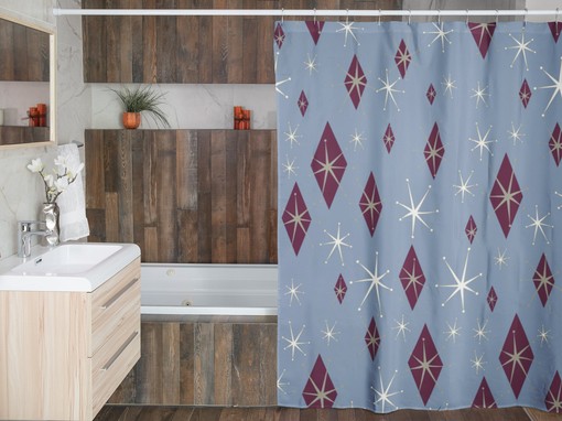 Mid Century Modern Inspired Blue Shower Curtain, Vintage Bathroom Decor, Unique Tub Accessory