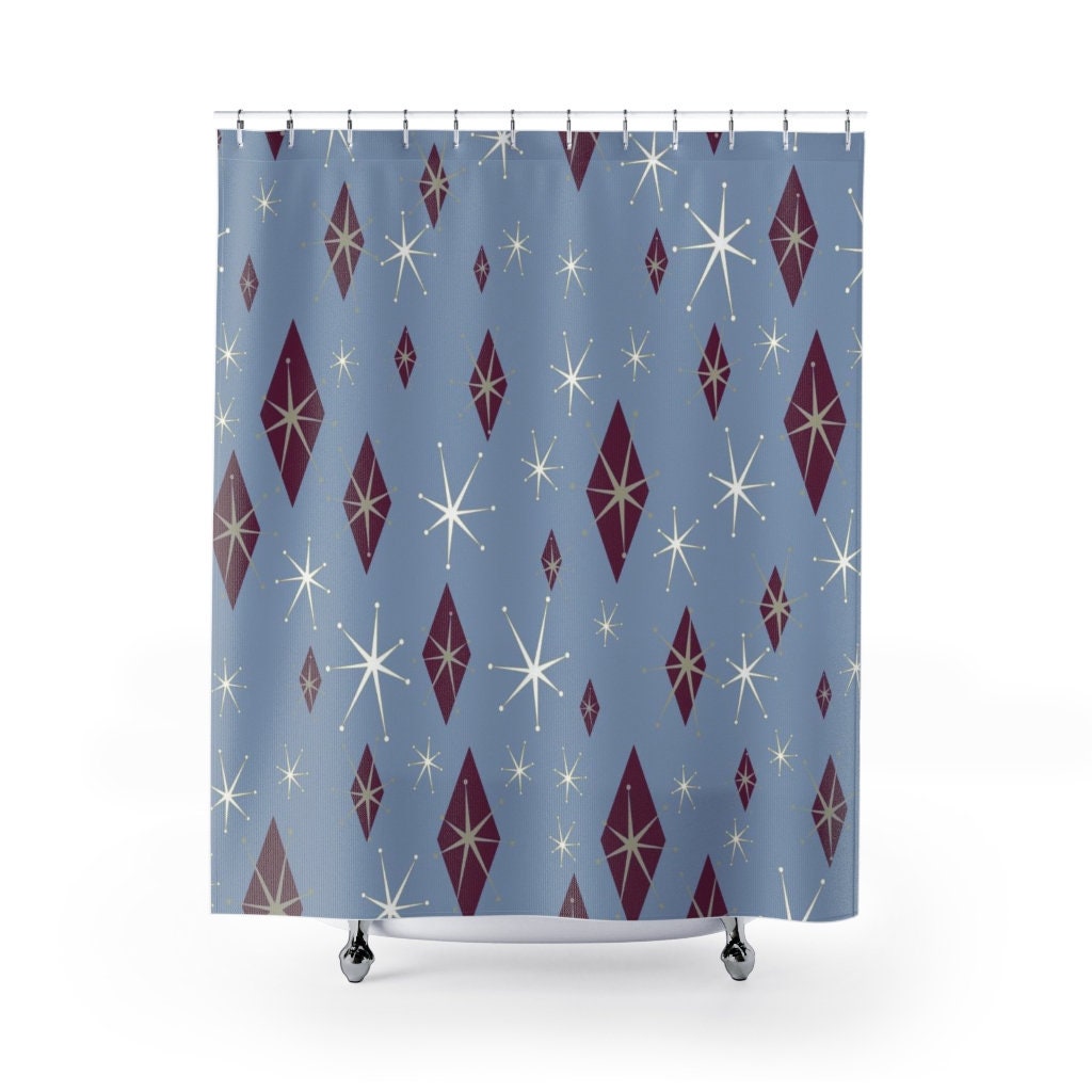 Mid Century Modern Inspired Blue Shower Curtain, Vintage Bathroom Decor, Unique Tub Accessory - Image 2