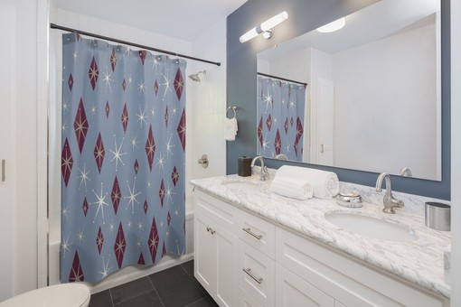 Mid Century Modern Inspired Blue Shower Curtain, Vintage Bathroom Decor, Unique Tub Accessory - Image 3