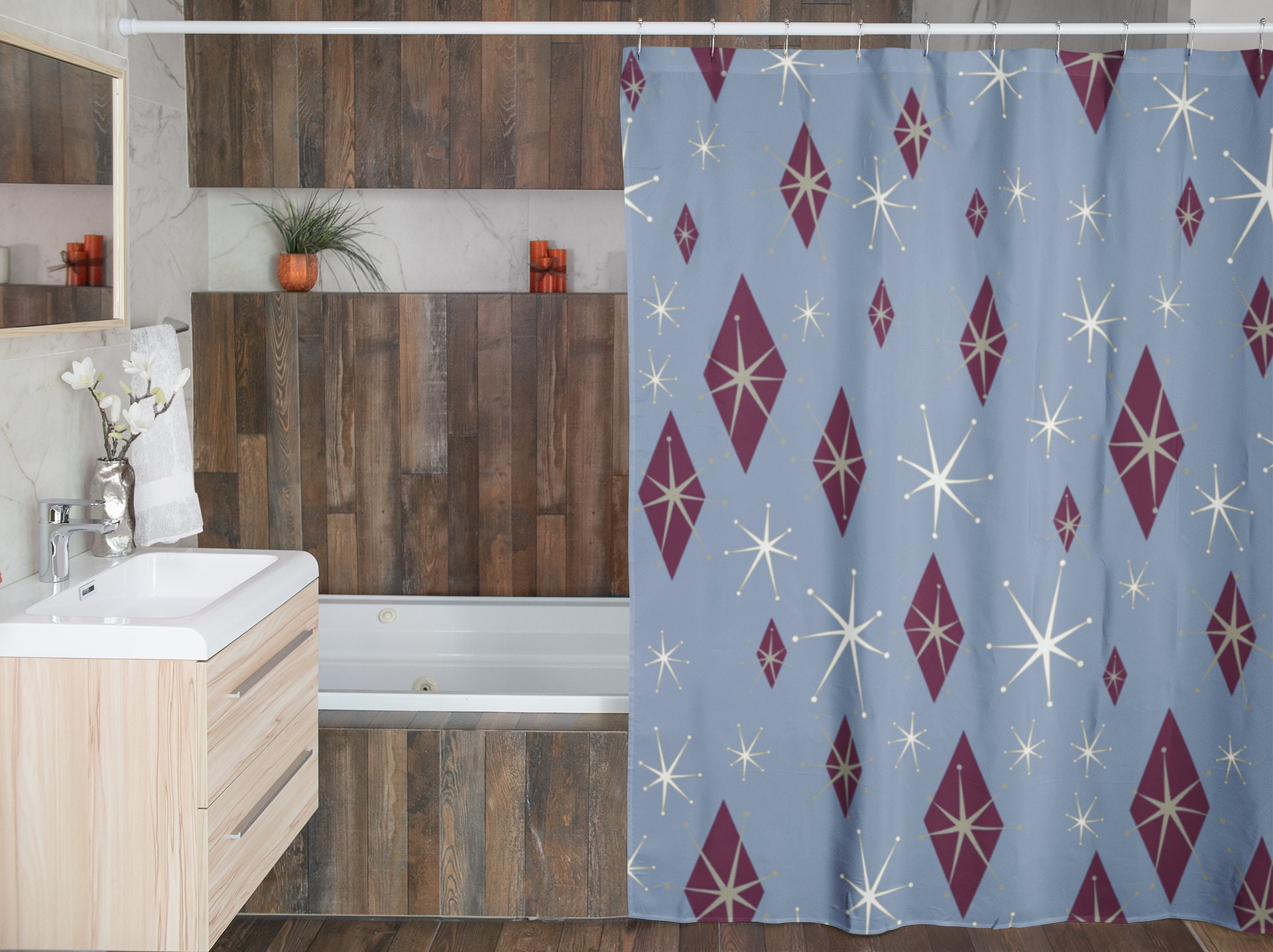 Mid Century Modern Inspired Blue Shower Curtain, Vintage Bathroom Decor, Unique Tub Accessory - Image 4