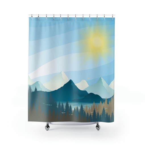 Mid Century Modern Mountains Sunrise Nature Lover Shower Curtain - Image 2