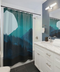 Mid Century Modern Nature Lover Shower Curtain with Mountain Landscape and Pine Trees