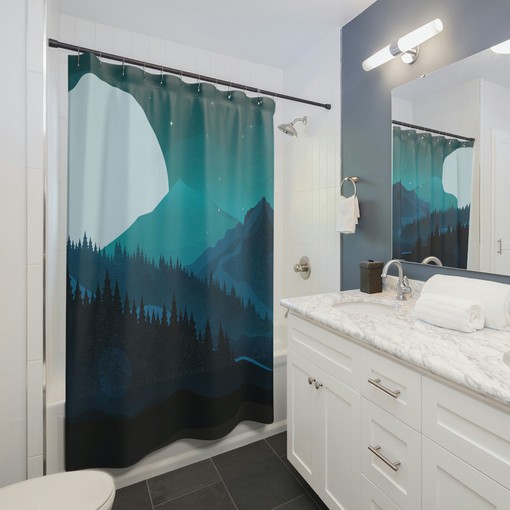 Mid Century Modern Nature Lover Shower Curtain with Mountain Landscape and Pine Trees
