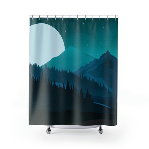 Mid Century Modern Nature Lover Shower Curtain with Mountain Landscape and Pine Trees - Image 2