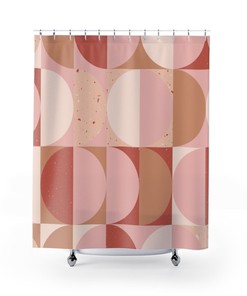 Mid Century Modern Pink Terracotta Geometric Shower Curtain, Vintage Bathroom Decor