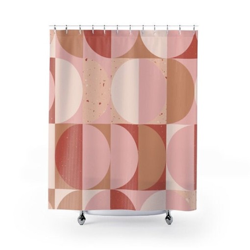 Mid Century Modern Pink Terracotta Geometric Shower Curtain, Vintage Bathroom Decor - Image 2