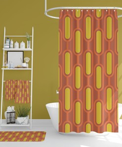 Mid Century Modern Retro Bathroom Decor Set - Waffle Weave Shower Curtain, Towels, and Bath Mat