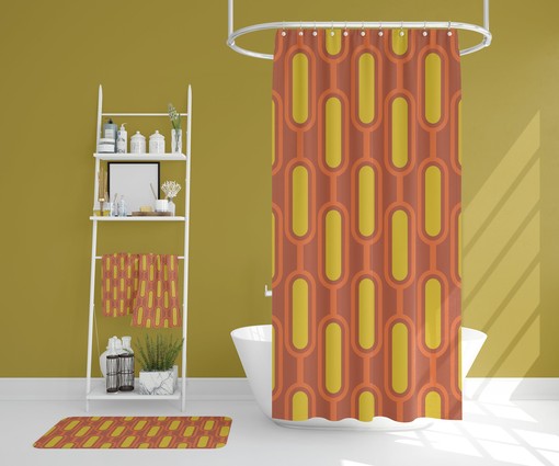 Mid Century Modern Retro Bathroom Decor Set - Waffle Weave Shower Curtain, Towels, and Bath Mat