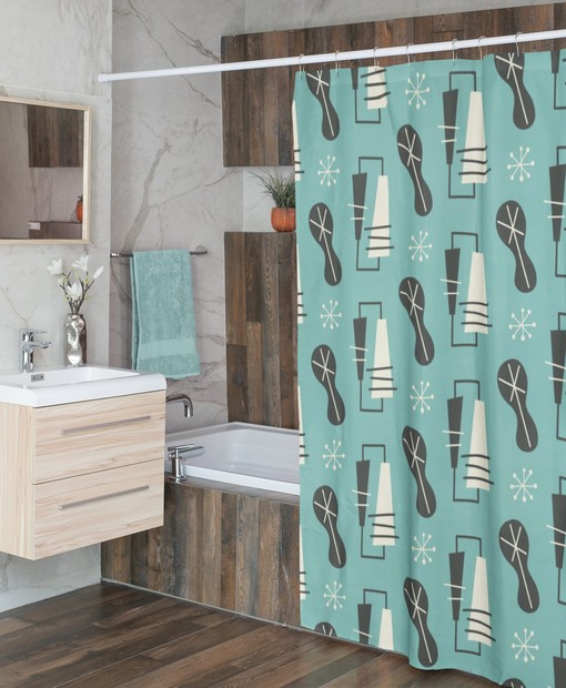 Mid Century Modern Shower Curtain, Atomic Star Design, Retro Bathroom Accessory