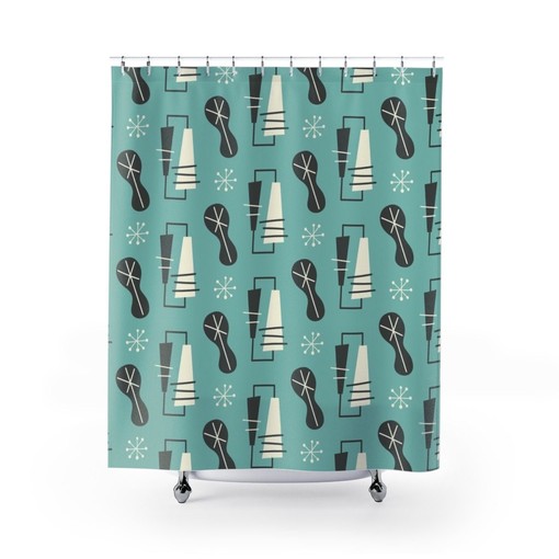 Mid Century Modern Shower Curtain, Atomic Star Design, Retro Bathroom Accessory - Image 2