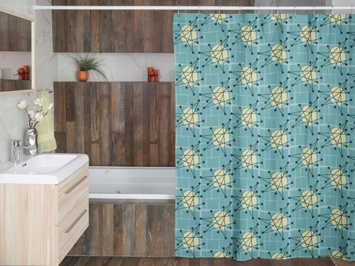 Mid Century Modern Shower Curtain, Atomic Stars Bathroom Decor for Retro Charm