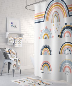 Mid Century Modern Shower Curtain with Rainbow Atomic Design