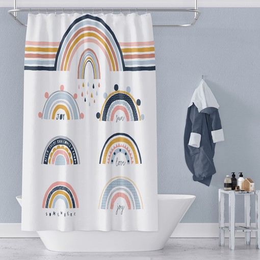 Mid Century Modern Shower Curtain with Rainbow Atomic Design - Image 2