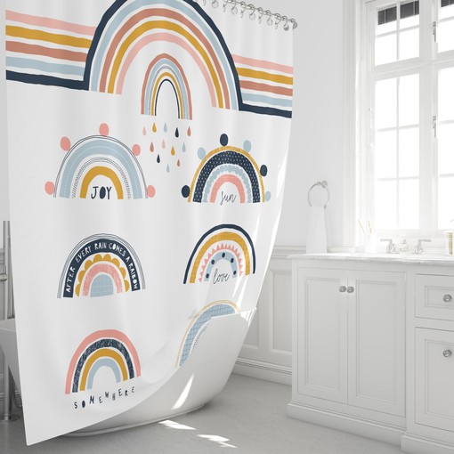 Mid Century Modern Shower Curtain with Rainbow Atomic Design - Image 3
