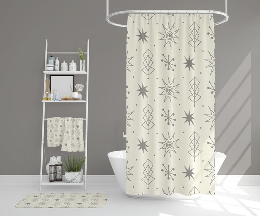 Mid Century Modern Spa Bathroom Set, Shower Curtains & Towels