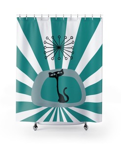 Mid Century Modern Turquoise Atomic Cat Kitsch Shower Curtain