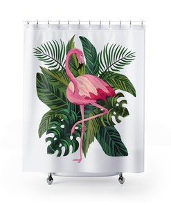 Mid Century Tropical Vibes Pink Flamingo Shower Curtain
