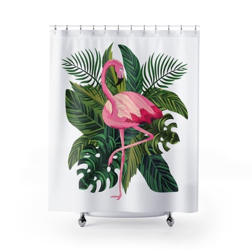 Mid Century Tropical Vibes Pink Flamingo Shower Curtain