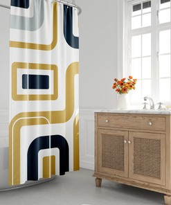 Mid-Century Abstract Minimalist Lines Navy Blue, White and Gold Shower Curtain, Modern Bath Decor