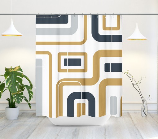 Mid-Century Abstract Minimalist Lines Navy Blue, White and Gold Shower Curtain, Modern Bath Decor - Image 2