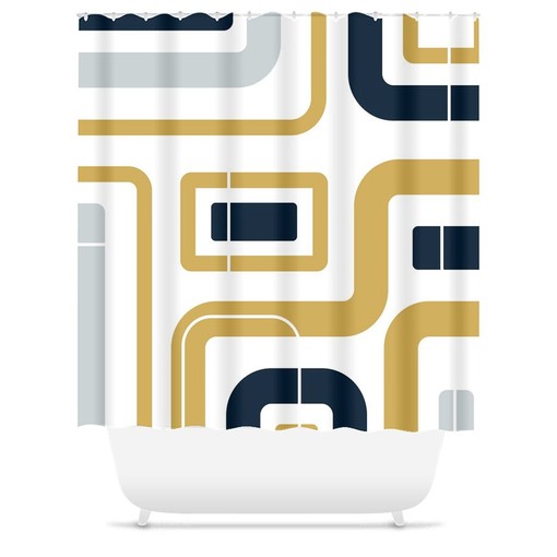 Mid-Century Abstract Minimalist Lines Navy Blue, White and Gold Shower Curtain, Modern Bath Decor - Image 3