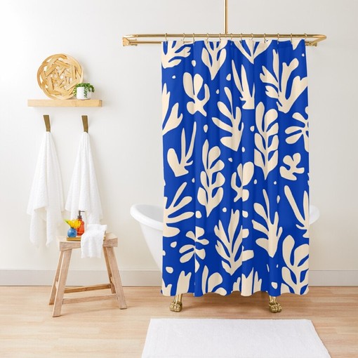 Mid-Century Abstract Patterns Blue Disney Boho Shower Curtain - Henri Matisse Design with Hooks Included - Image 2