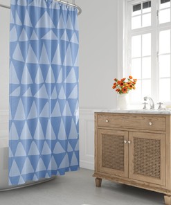 Mid-Century Blue Minimalist Shower Curtain with Tribal Zig Zag Design, Boho Contemporary Bath Decor