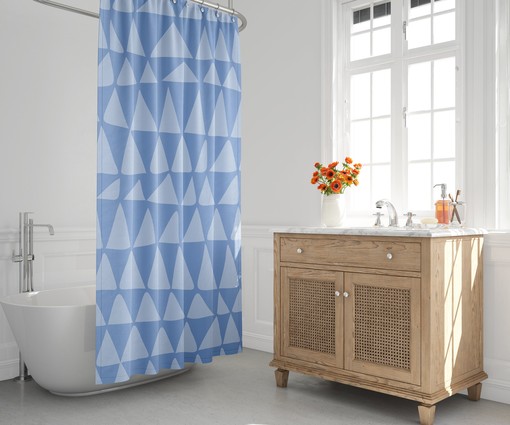 Mid-Century Blue Minimalist Shower Curtain with Tribal Zig Zag Design, Boho Contemporary Bath Decor