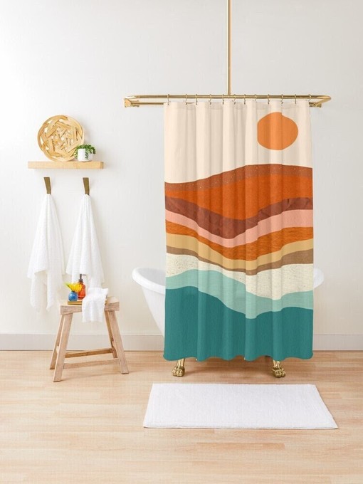Mid-Century Disney Boho Sunsets Shower Curtain - Abstract Muster and Trendy Design with Eco-Friendly Waterproof Material - Image 2