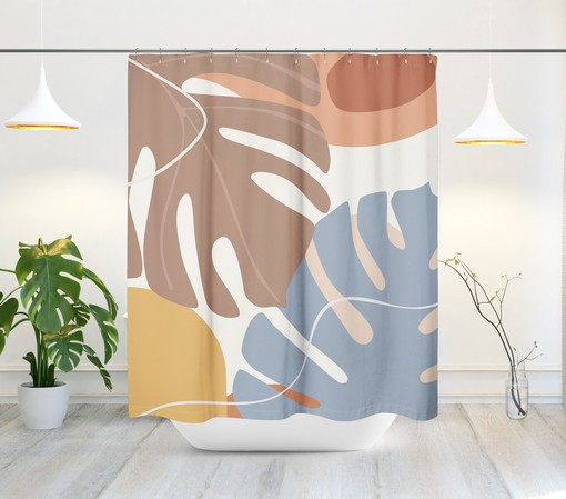 Mid-Century Minimalist Geometric Large Pastel Leafs Shower Curtain, Tropical Foliage Leafs Bath Shower Curtain - Image 2
