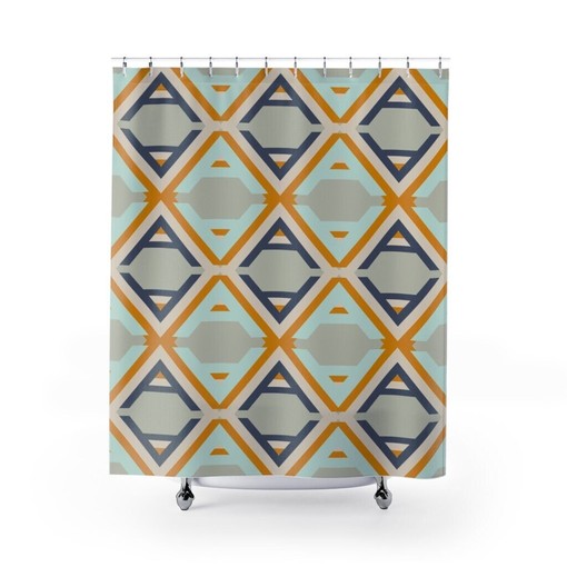 Mid-Century Mod Geometric Shower Curtain for Retro College Dorm Room