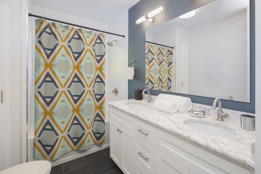 Mid-Century Mod Geometric Shower Curtain for Retro College Dorm Room - Image 2