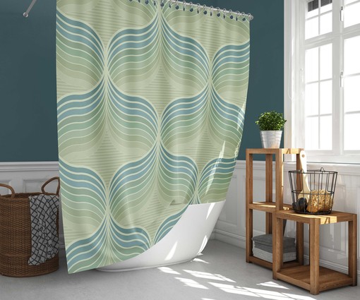 Mid-Century Retro Green Blue Shower Curtain Set, Decorative Bathroom Accessories