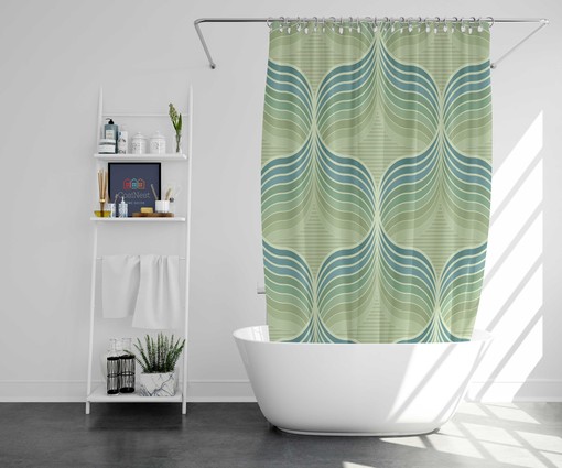 Mid-Century Retro Green Blue Shower Curtain Set, Decorative Bathroom Accessories - Image 2