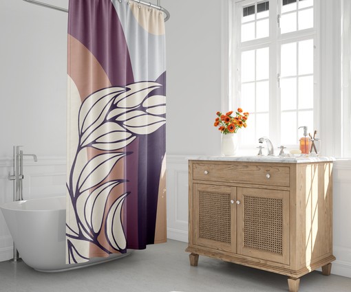 Mid-Century Shower Curtain with Tropical Leaf Design, Botanical Style, Minimalist Bath Decor