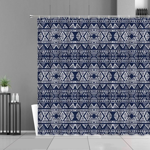 Mid-century Boho Mandala Geometry Fabric Shower Curtain, Retro Blue Pattern, Unique Home Bathroom Decor Accessory