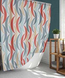 Mid-century Geometric Print Fabric Shower Curtain and Mat, Decorative Bathroom Accessories