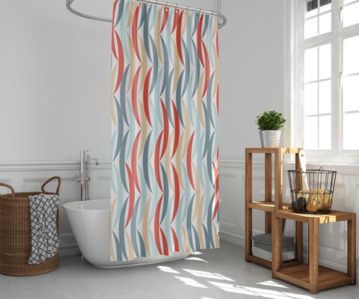 Mid-century Geometric Print Fabric Shower Curtain and Mat, Decorative Bathroom Accessories - Image 2