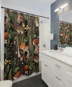 Mid-century Modern Mushroom Shower Curtain | Retro Boho Gothic Bath Decor | Restroom Shower Curtains Decorative